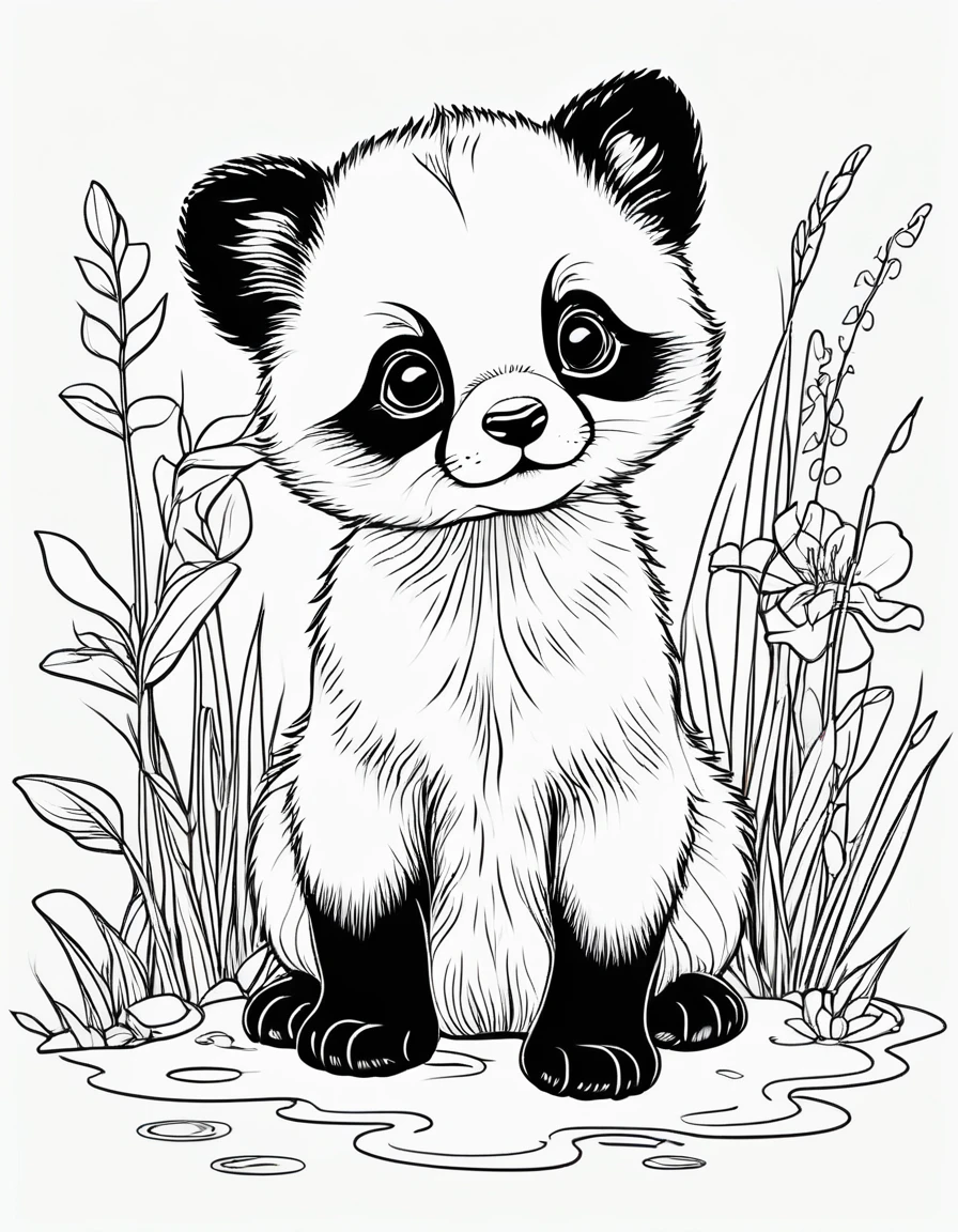 Generate a series of black and white line drawings depicting adorable baby animals. Include a variety of species such as puppies, kittens, baby pandas, ducklings, and fawns. Each image should be detailed enough to show the features of the animals clearly but simple enough to be suitable for coloring by children. Ensure the images capture the essence of cuteness and playfulness characteristic of baby animals.