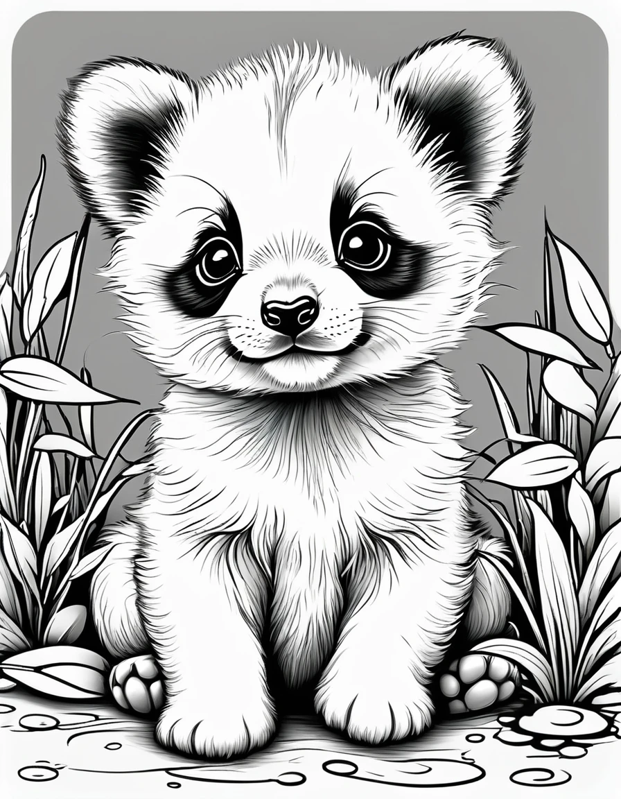 Generate a series of black and white line drawings depicting adorable baby animals. Include a variety of species such as puppies, kittens, baby pandas, ducklings, and fawns. Each image should be detailed enough to show the features of the animals clearly but simple enough to be suitable for coloring by children. Ensure the images capture the essence of cuteness and playfulness characteristic of baby animals.