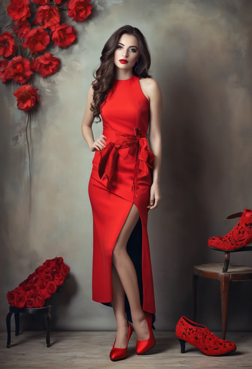 Beautiful woman, unique artsy style, full length, real , accessory, shoes , red