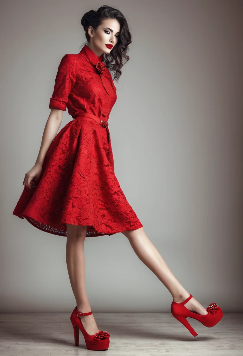 Beautiful woman, unique artsy style, full length, real , accessory, shoes , red 