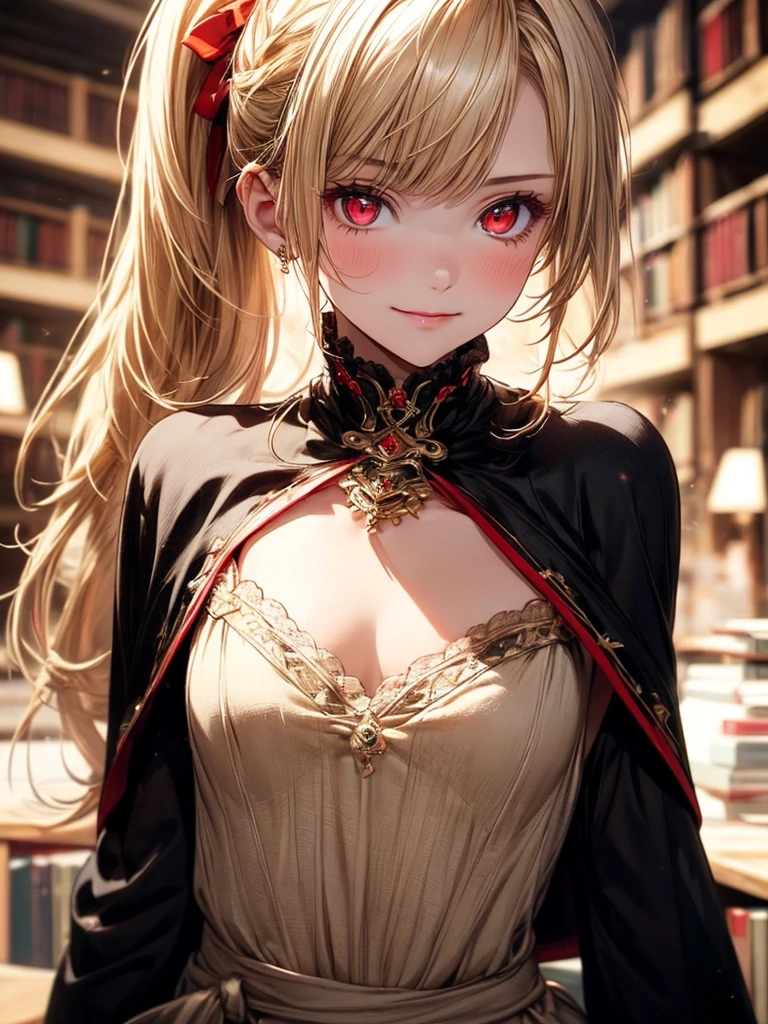 (masterpiece),(highest quality:1.2),((Perfect Anatomy)),(Perfect Fingers:1.3),(1 girl),(Flat Chest),highest quality,Blonde ponytail,Blunt bangs,(From the side),(Glancing sideways),Beautiful and detailed red eyes,Beige Capelet Fashion,in library,Disappointed,pastel tones,soft cinematic lighting,Bokeh,Captivating smile