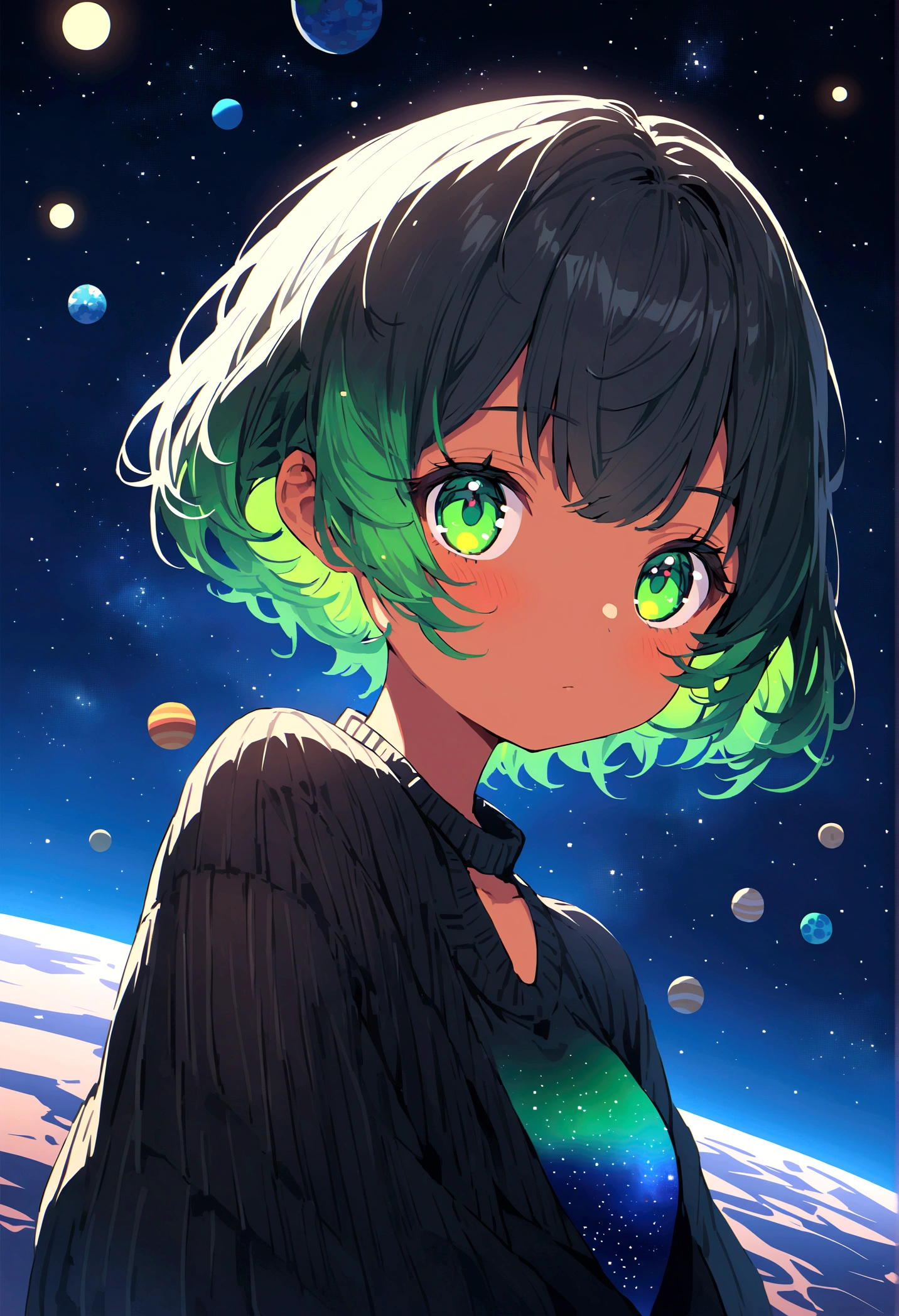 Sky, it's night, the night is full of stars, there are planets in the sky, bright colors, Incredible details, Loli, short hair, galaxy hair, green eyes, tanned, black sweater,