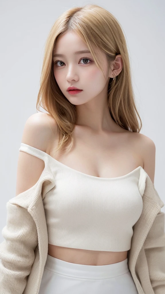 (((forehead、Blonde、Northern Europe、White people、beautiful girl、Blonde、White background、Race Queen、mini skirt、Off the shoulder、Jacket、Tank top)))、table top, highest quality, figure, super detailed, finely, High resolution, 8k wallpaper, Perfect dynamic composition, detailed and beautiful eyes, Deco out,blonde, medium hair, super big breasts, natural color lip,white background, random cute poses,frill dress