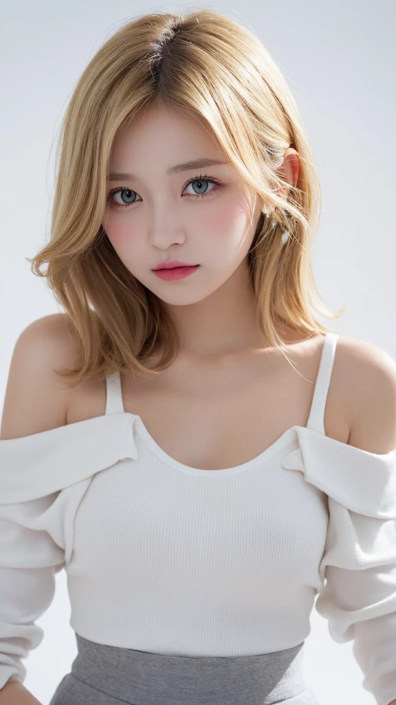 (((forehead、Blonde、Northern Europe、White people、beautiful girl、Blonde、White background、Race Queen、mini skirt、Off the shoulder、Jacket、Tank top)))、table top, highest quality, figure, super detailed, finely, High resolution, 8k wallpaper, Perfect dynamic composition, detailed and beautiful eyes, Deco out,blonde, medium hair, super big breasts, natural color lip,white background, random cute poses,frill dress