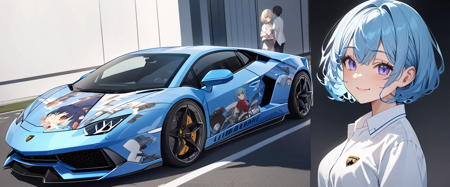 (Highest quality、Very detailed、Very detailed and beautiful、Ultra-high resolution) 、((A sports car with an anime girl printed on the hood))、((Lamborghini)), Blue-haired high school girl print、{Light Hair、Short Bob Hair}, ,{Dark Blue Blazer、White shirt、Blue ribbon、White pleated skirt、pantyhose}、smile