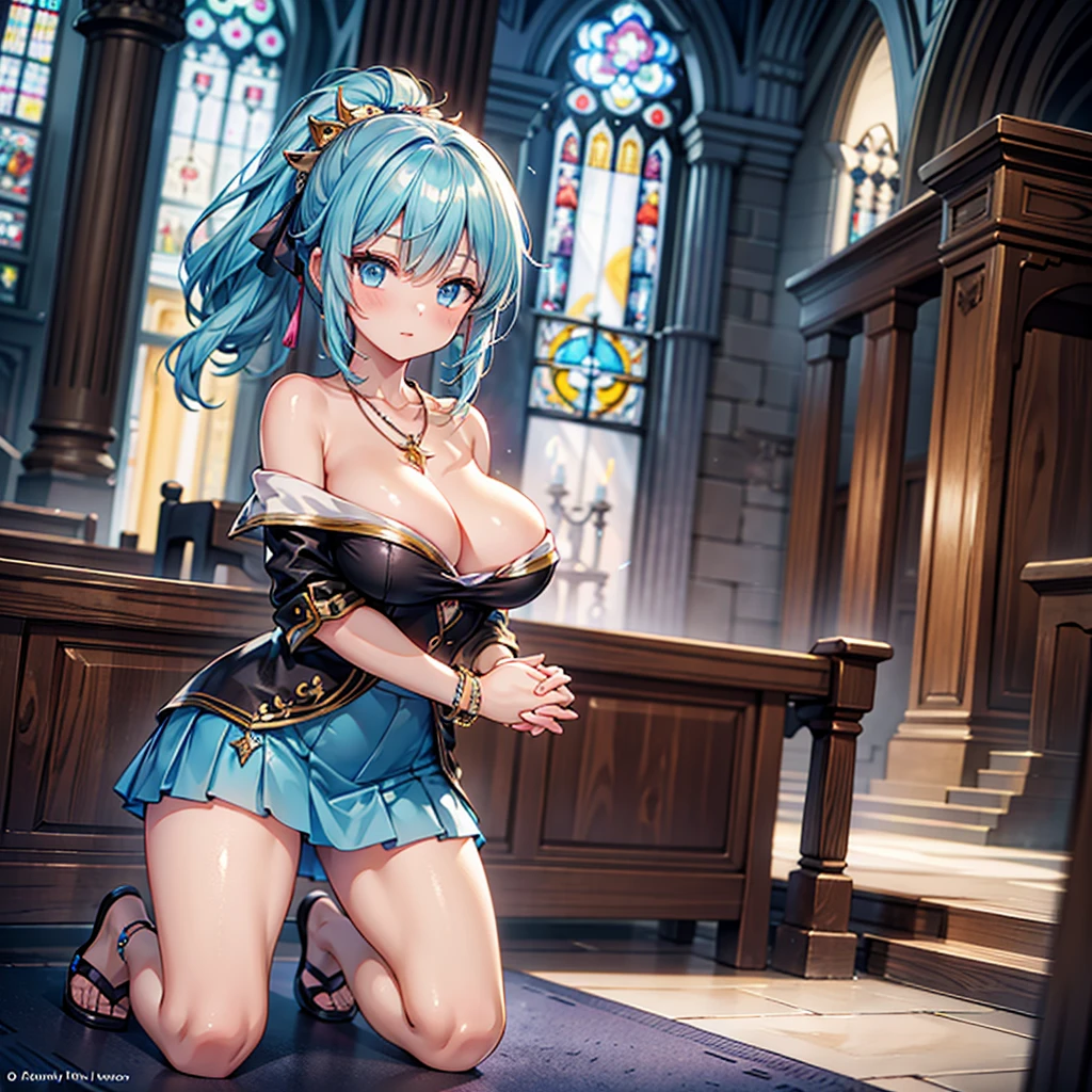 Anime Moe Art Style,Highest quality,High resolution,Anatomically correct,One Girl,Mid-s,A girl with light blue hair in a ponytail,Super detailed,Fantasy World,Off-the-shoulder tops,mini skirt,Big Breasts,Shiny skin,Beautiful Skin,A rich expression,church,Clasping hands,Kneel and pray to God,Eyes drawn in detail,hair ornaments,necklace,bracelet,8K