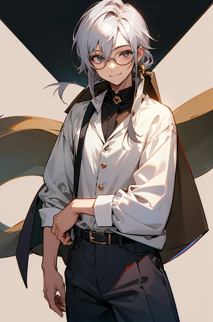Male , eye glasses，Soio, Look at the viewer,, Cowboy Shots,A smile, silber hair
