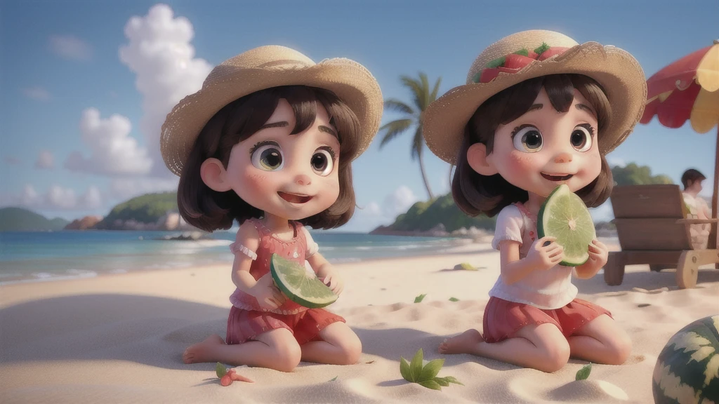 masterpiece, best quality, A cute little girl, eat watermelon,beach