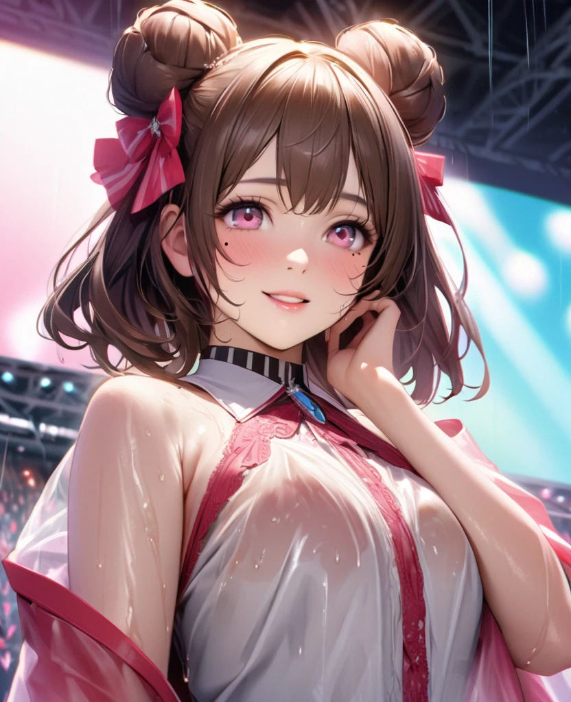 One Girl、Looking at the audience、lovely,
Beautiful pink eyes、Two brown double hair buns , Mole under the eye、Plump and glossy lips、Heart-shaped choca、Idol、Her name is May,smile、ー、。.。.。.。.。.。.。.。.。.。.。.。.。.。.。.。.。.。.3D、Realistic、
The idol's costume was soaked in the heavy rain, and her chest was wet and transparent.Heavy rain at outdoor concert, Drape clothes、gem、The decoration has been removed、Floral、Lace trim,On a glittering stage、
masterpiece、highest quality、8k、Detailed skin texture、Detailed cloth texture、Beautifully detailed face、Intricate details、Very detailed、
超A high resolution、8k Ultra HD、Film Grain、Best Shadow、delicate、Gazing at the audience、front