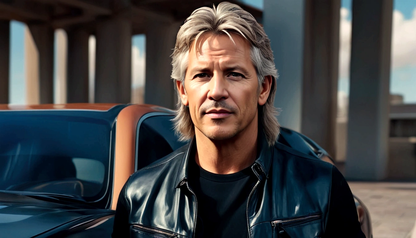 a young man called lineker, 50 years old, he has a face similar to Jon Bom Jovi, he has light hair, brown eyes, black blouse, black pants, black sneakers, he is sitting on his sofa with a serious face