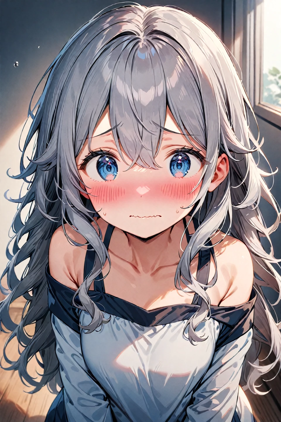 1girl, blush, solo, blue eyes, long hair, hair between eyes, wavy mouth, grey hair, closed mouth --preset 3, ((medium quality)), ((medium quality))