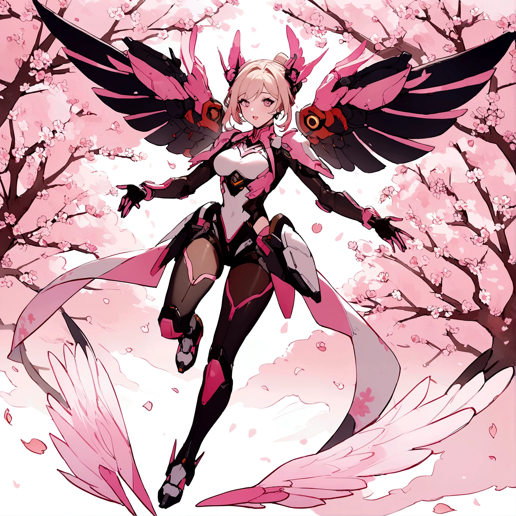 Pink mercy from overwatch surrounded by cherry blossoms in flight