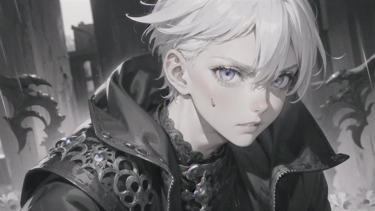 (intricate detail:1.5), solo, rain, clenched teeth, teeth, 1boy, (young:1.3), male focus, greyscale, spot color, blood, blood on face, angry, glowing, bangs, close-up, short hair, spiked hair, injury, hair between eyes, portrait, glowing eyes, upper body, parted lips, from side, blurry, shaded face, white hair, (detailed iris:1.3)