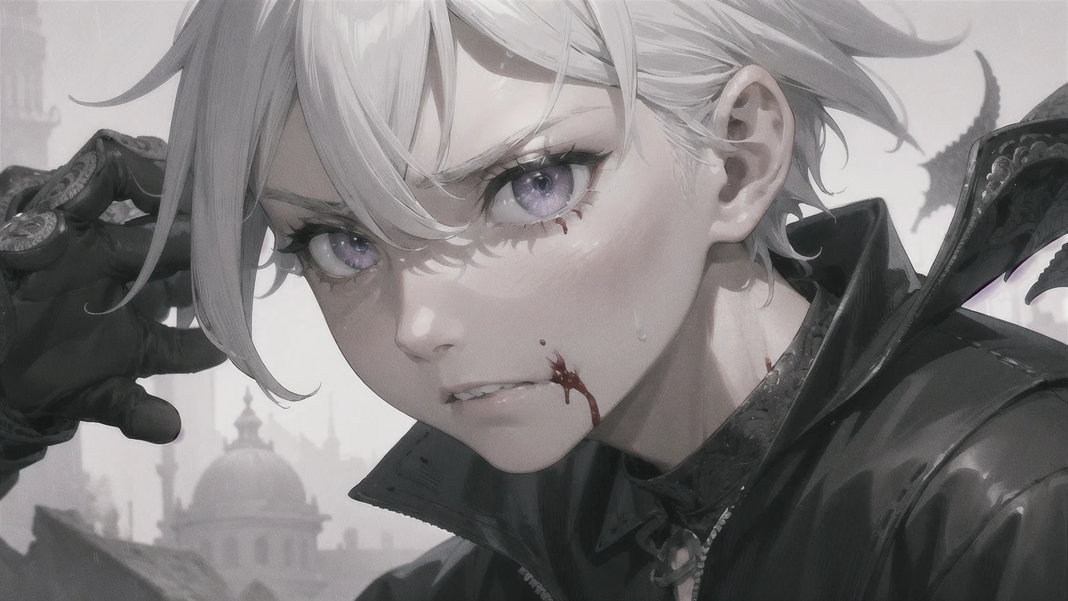 (intricate detail:1.5), solo, rain, clenched teeth, teeth, 1boy, (young:1.3), male focus, greyscale, spot color, blood, blood on face, angry, glowing, bangs, close-up, short hair, spiked hair, injury, hair between eyes, portrait, glowing eyes, upper body, parted lips, from side, blurry, shaded face, white hair, (detailed iris:1.3)