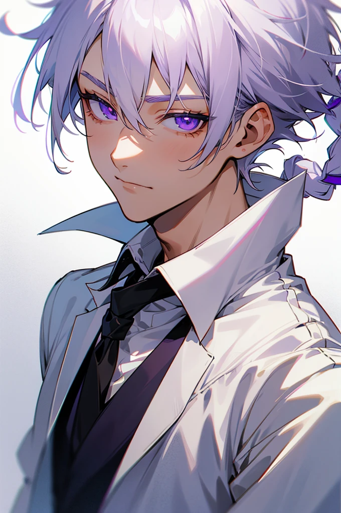 Anime boy with white hair and purple eyes, Close up,white-haired, short hair, braid, Ultra Detail,Haig Quality,1boy,matured male,Beautiful face, white shirt
