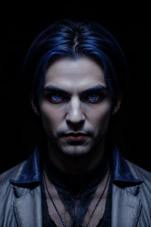 Young and tall lovely vampire man with big indigo eyes