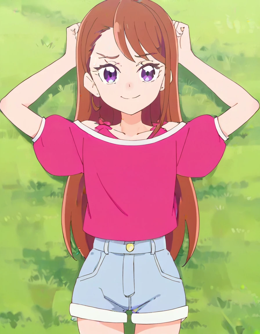 hijiri ageha, brown hair, long hair, purple eyes,
pink shirt, off-shoulder shirt, puffy short sleeves, denim shorts, high quality, solo, lying, on back, arms up, spread arms, closed mouth, on grass, (cowboy shot:1.5), looking at viewer, nervous, smile, best quality, smirk,