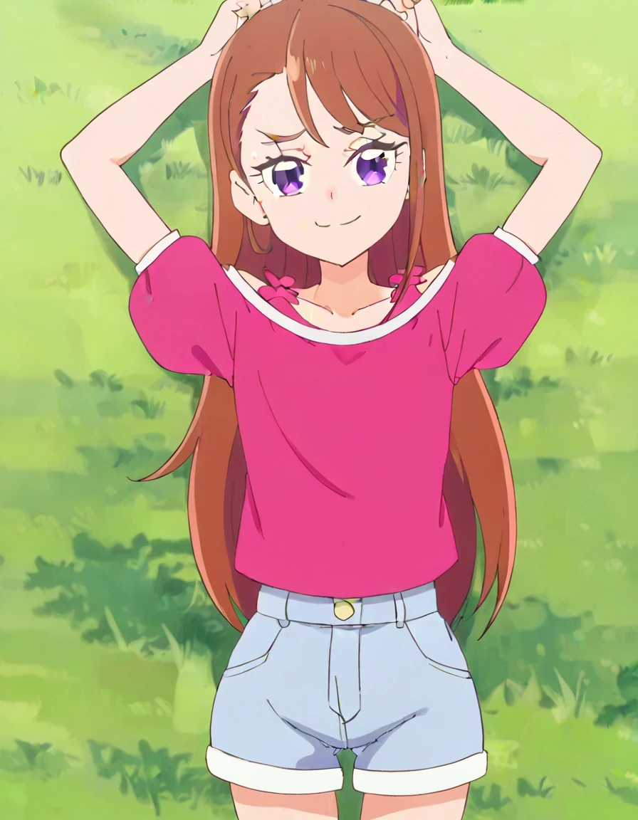 hijiri ageha, brown hair, long hair, purple eyes,
pink shirt, off-shoulder shirt, puffy short sleeves, denim shorts, high quality, solo, lying, on back, arms up, spread arms, closed mouth, on grass, (cowboy shot:1.5), looking at viewer, nervous, smile, best quality, smirk,