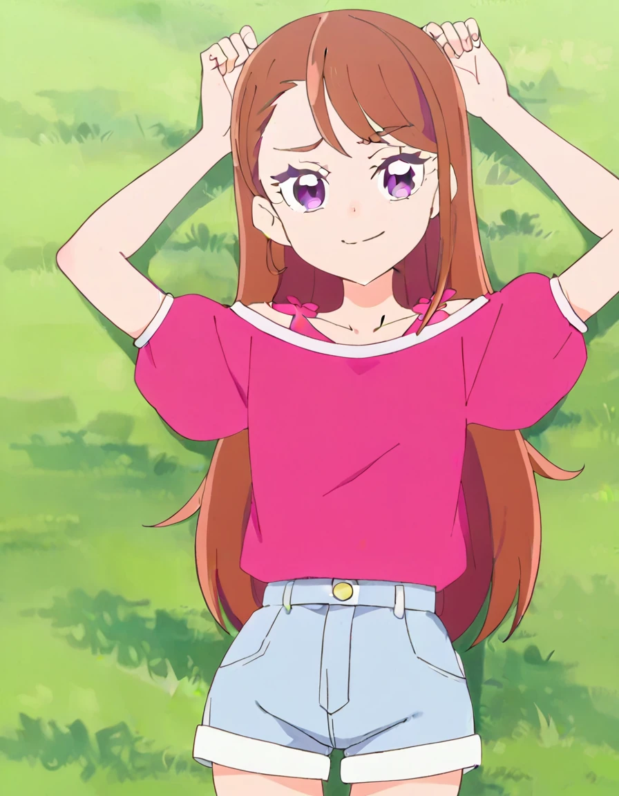 hijiri ageha, brown hair, long hair, purple eyes,
pink shirt, off-shoulder shirt, puffy short sleeves, denim shorts, high quality, solo, lying, on back, arms up, spread arms, closed mouth, on grass, (cowboy shot:1.5), looking at viewer, nervous, smile, best quality, smirk,
