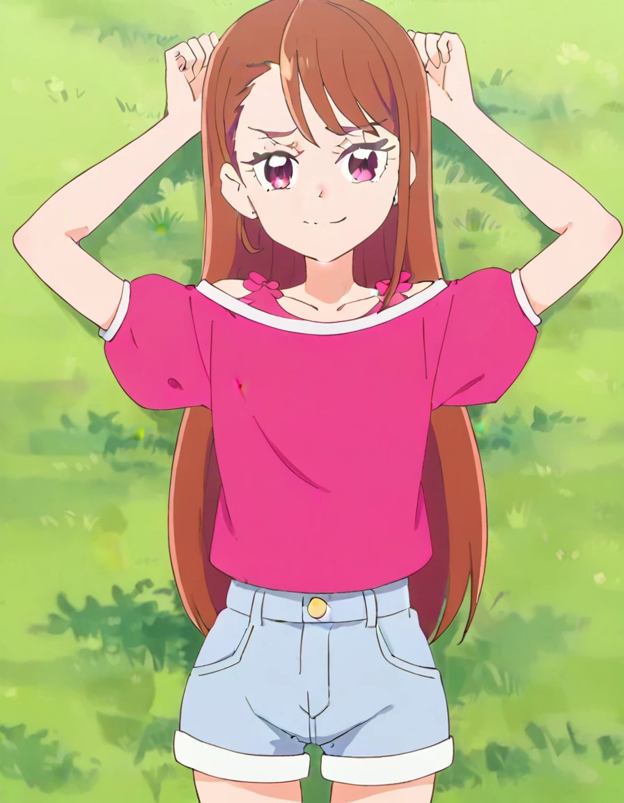 hijiri ageha, brown hair, long hair, purple eyes,
pink shirt, off-shoulder shirt, puffy short sleeves, denim shorts, high quality, solo, lying, on back, arms up, spread arms, closed mouth, on grass, (cowboy shot:1.5), looking at viewer, nervous, smile, best quality, smirk,