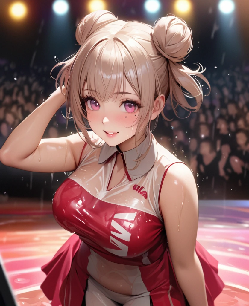 One Girl、Looking at the audience、lovely,
Beautiful pink eyes、Two brown double hair buns , Mole under the eye、Plump and glossy lips、Heart-shaped choca、Dance team uniforms、Her name is May,smile、ー、。.。.。.。.。.。.。.。.。.。.。.。.。.。.。.。.。.。.3D、Realistic、
Dance team uniforms was soaked in the heavy rain, and her chest was wet and transparent.Heavy rain at outdoor concert, Drape clothes、gem、The decoration has been removed、Floral、Lace trim,On a glittering stage、
masterpiece、highest quality、8k、Detailed skin texture、Detailed cloth texture、Beautifully detailed face、Intricate details、Very detailed、
超A high resolution、8k Ultra HD、Film Grain、Best Shadow、delicate、Gazing at the audience、front