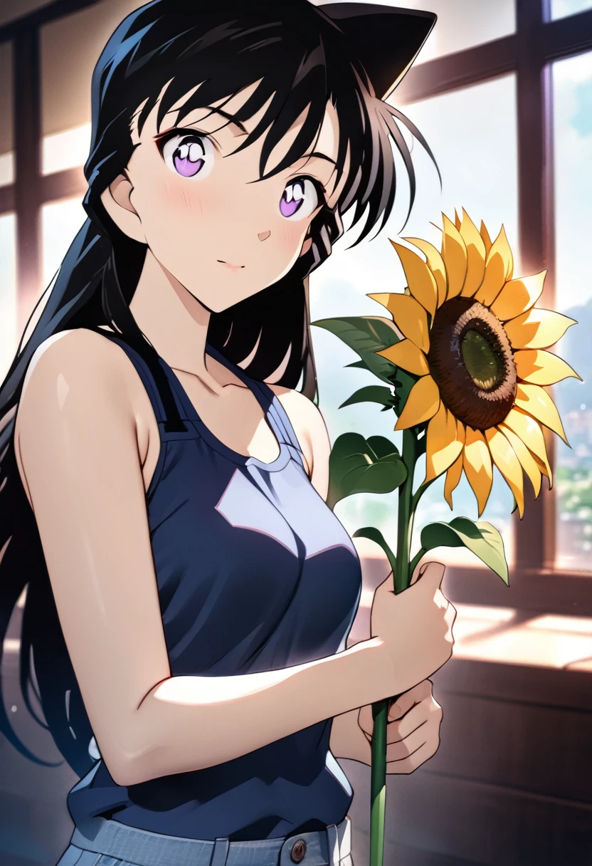 (Masterpiece, best quality, HDR, bright colors:1.4),((very detailed)),high resolution,anime style,photo,detailed background,1 black-haired beauty holding sunflower,movie light and shadow,