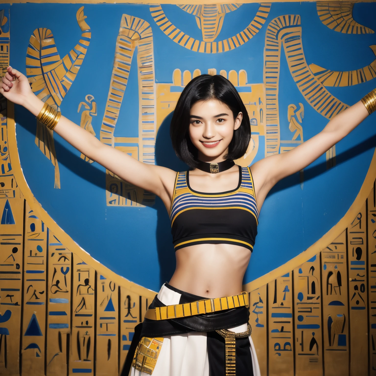 245 Inside the mural2people々々々(An 18-year-old female and an 18-year-old male), short hair,kind, lipstick, Egyptian civilization, Waist belt, Hieroglyphics, smile