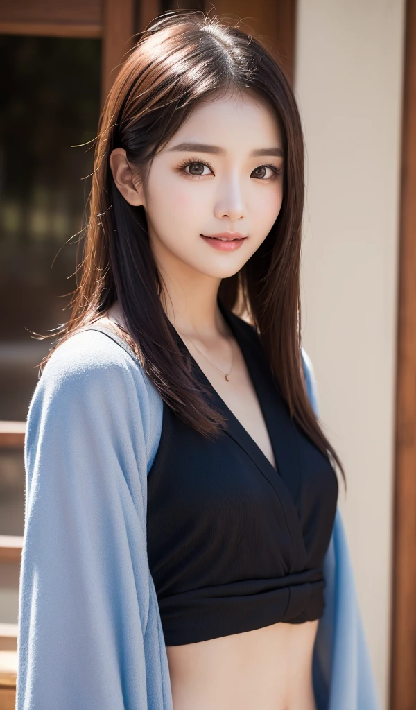 ((best qualtiy、8k masterpieces:1.3))、sharp focus:1.2、(ultra beautiful faces:1.0)、(Slender Abs Beauty:1.0)、(shinny skin:1.0)、photos realistic、A dark-haired、Video Lighting、High-definition eyes and face、Video Lighting、(cowboy shot:1.3)、swim wears、(Korean Cute Actress)、from the front side、medium large breasts、A slight smile、 in kimono