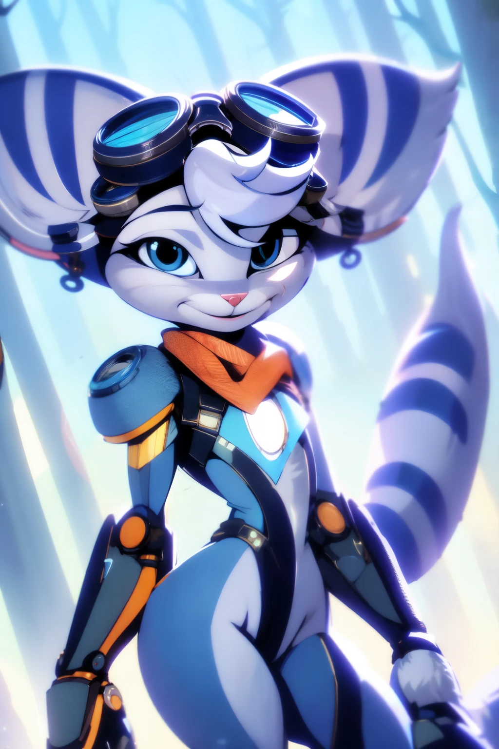 solo, furry, rivetlombax, blue eyes, animal ears, earrings, goggles on head, bangs, mechanical arms, scarf, bodysuit, belt, tail, forest, smile,,