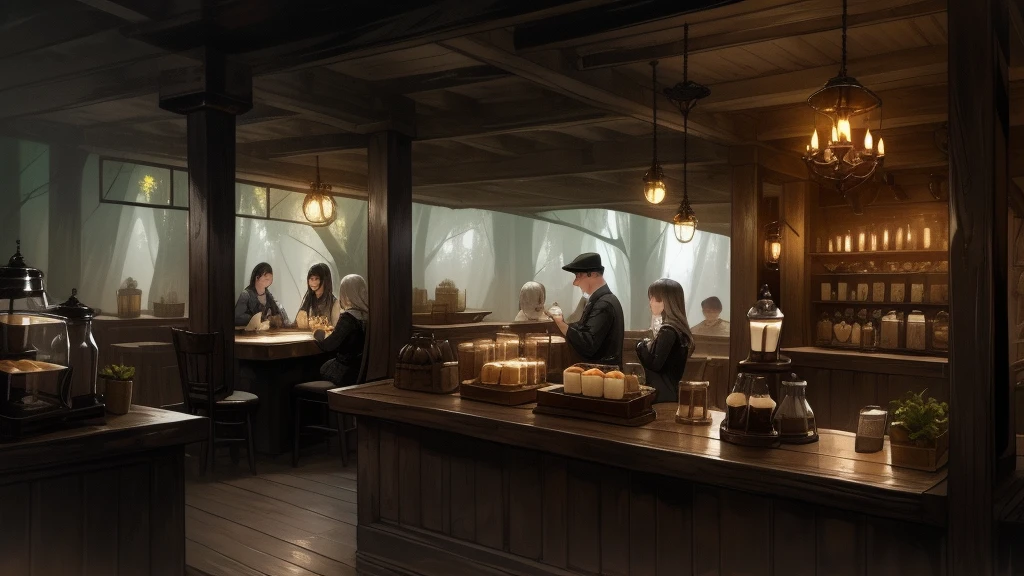 pitch black forest cafe, moody interior, dim lighting, wooden furniture, rustic decor, lush greenery, nature-inspired, atmospheric, cozy, inviting, customers enjoying coffee and desserts, barista preparing drinks, detailed scene