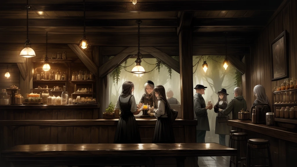 pitch black forest cafe, moody interior, dim lighting, wooden furniture, rustic decor, lush greenery, nature-inspired, atmospheric, cozy, inviting, customers enjoying coffee and desserts, barista preparing drinks, detailed scene