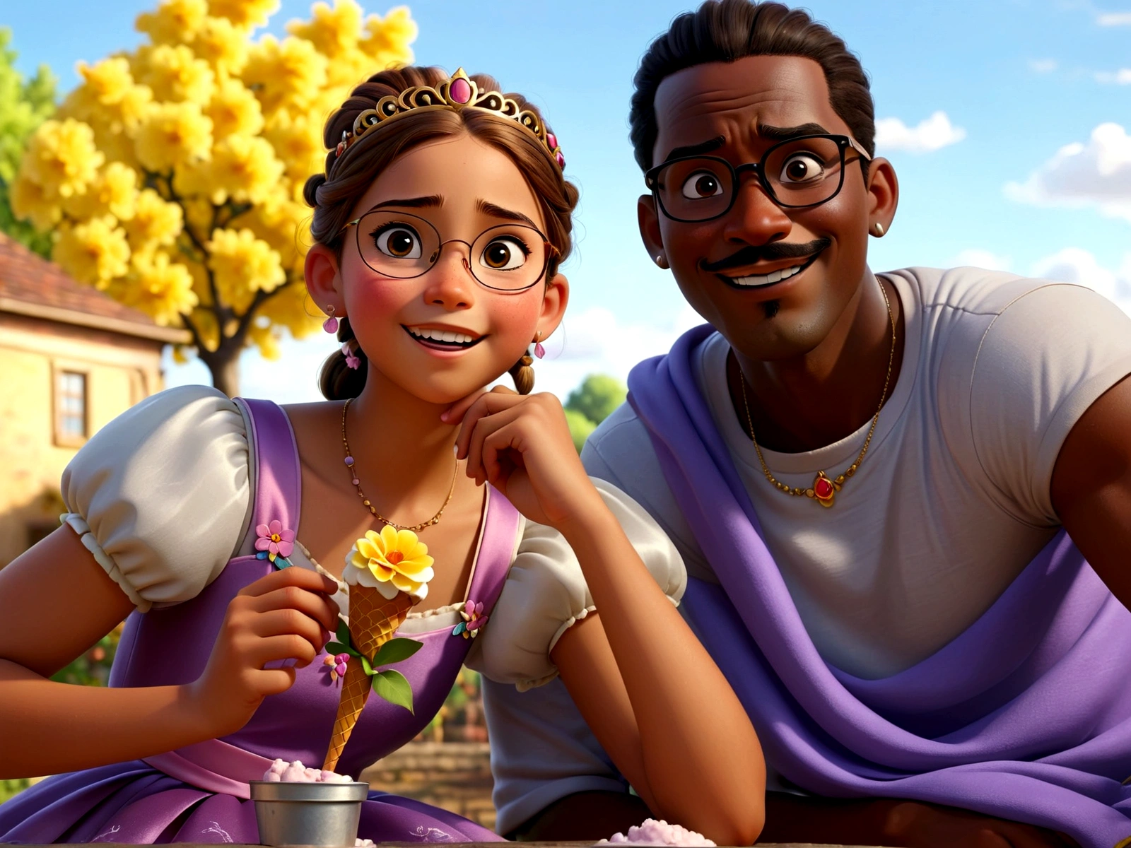 Background: with cloud and a tree with an atmosphere of joy. Two people are talking, laughing and eating ice cream.
Characters: Girl of approximately 9 years old, honey-colored skin, with brown hair tied up and a tiara with a flower on the left side, her brown eyes are sitting, looking around. Black man with black hair with mustache, dark brown eyes, wearing glasses talking to the girl. High Quality Disney Pixar Cartoon Image