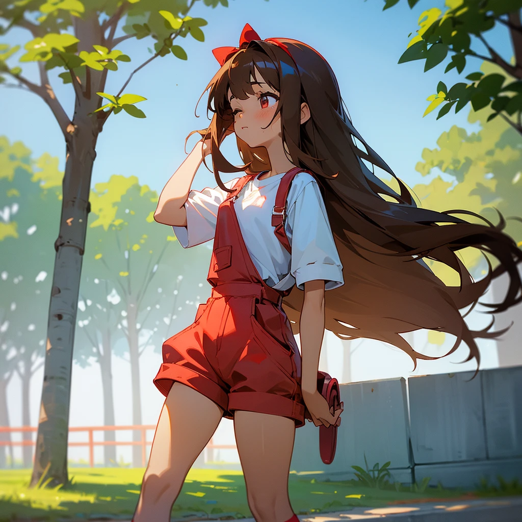 Light-skinned girl with long brown hair, fringe and a red bow on the back of her head, wearing blue dungarees with a white short-sleeved T-shirt with blue shorts and knee-high socks, eyes closed, red shoes in the background on a park with white sleeves up to the elbows with blush on the cheeks