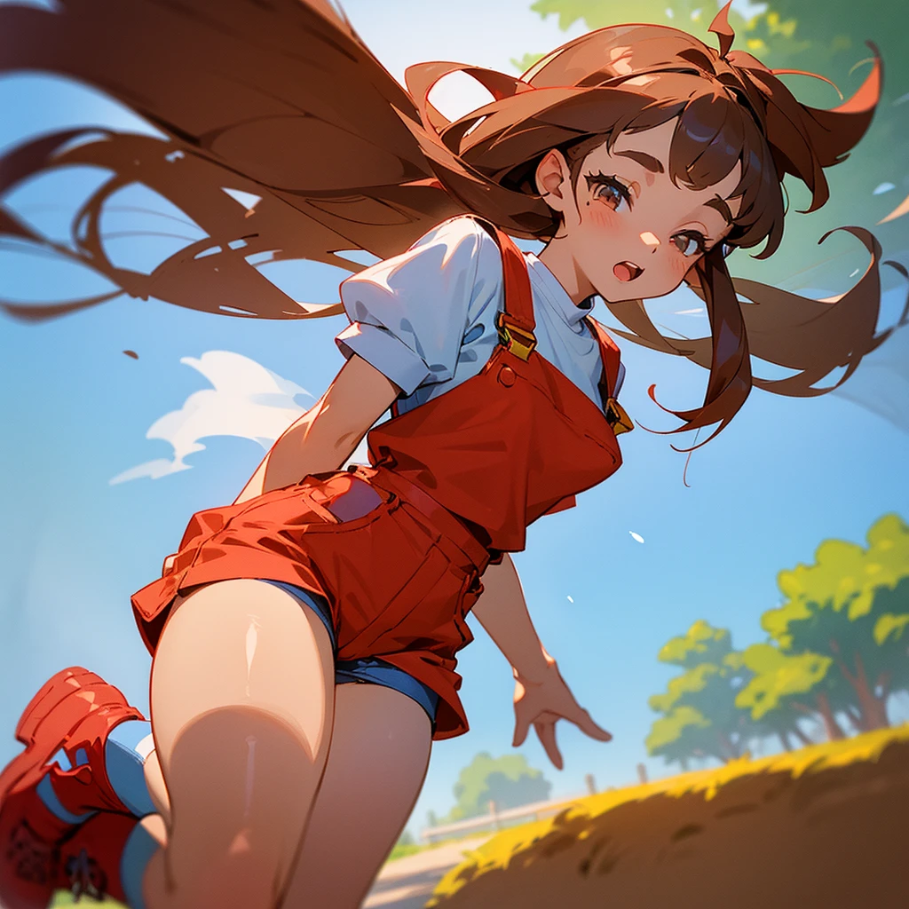 Light-skinned girl with long brown hair, fringe and a red bow on the back of her head, wearing blue dungarees with a white short-sleeved T-shirt with blue shorts and knee-high socks, eyes closed, red shoes in the background on a park with white sleeves up to the elbows with blush on the cheeks