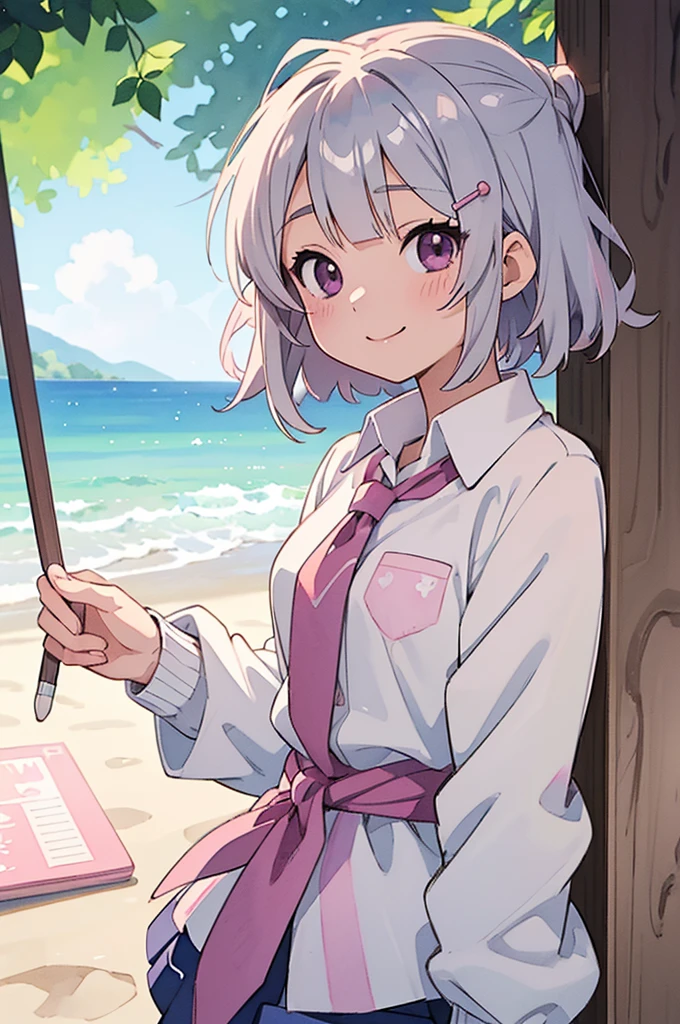 ((masterpiece)), (anime:1.5), ((Highest quality)), (RAW Photos:1.2), (High resolution:1.3), (Professional photography:1.2), 1 Girl, Silver short hair and bob hair、Tie your hair up with a hair clip、Pink Eyes、smile,, pastel colour, cute, cute色, close, Watercolor style, water colored pencils, Paper Texture,
