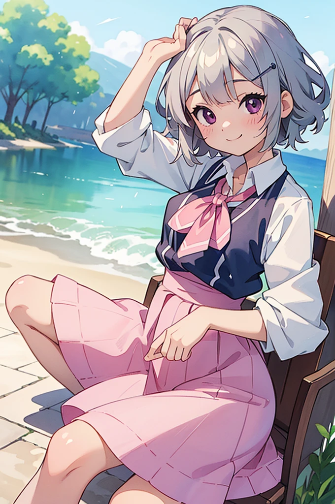((masterpiece)), (anime:1.5), ((Highest quality)), (RAW Photos:1.2), (High resolution:1.3), (Professional photography:1.2), 1 Girl, Silver short hair and bob hair、Tie your hair up with a hair clip、Pink Eyes、smile,, pastel colour, cute, cute色, close, Watercolor style, water colored pencils, Paper Texture,