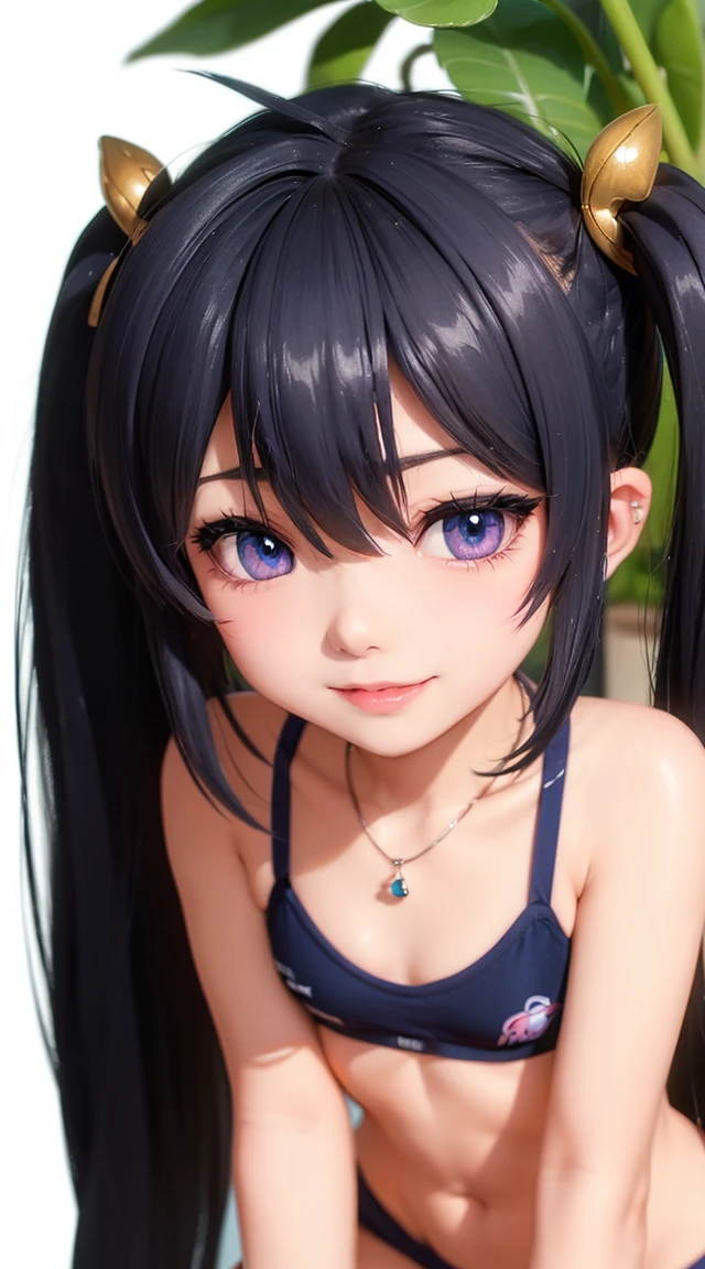 (masterpiece:1.3), (Best Quality:1.3), (Ultra-detailed:1.2), ((kawaii)), Cute, (lovely), ((sexy)), ((Extremely detailed)), 4K, (8K), Best Quality, (Beautiful), Illustration, anime style, (bold line:1.2), Gradation, looking at viewer, //, (bent down:1.1), (arms behind back), //, a cute girl, 1girl, (solo:1.2), gleaming skin, //, (flat chested), (Perfect eyes:1.2), (Perfect iris:1.2), //, darkblue hair color, (beautiful eyes) //, (half closed eyes:1.3), (sexual expression:1.2), Fascinated expression, smile, (blush:1.2), //, modern city background, on rock, twin tails, muscle girl, hard abs, exposed abs, NECKLACE, bikini