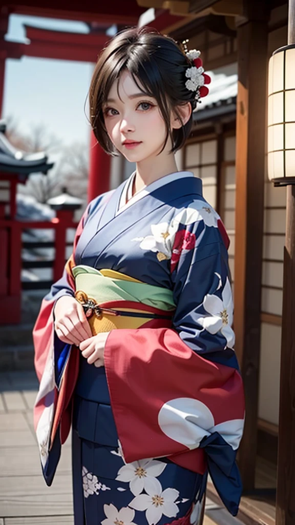 ((japanese kimono))、Snowy Japanese shrine background、(cowboy shot:1.3)、(UHigh resolution, retina, masterpiece, Accurate, Anatomically correct, Textured skin, Super detailed, Attention to detail, high quality, 最high quality, High resolution, 1080p, High resolution, 4K, 8k, 16K), (Beautiful fine details, Beautiful lip detail, Highly detailed eyes and face), Soft lighting, Physically Based Rendering, Vibrant colors, (Shiny Hair, Shiny skin), (Bokeh), Eye Reflexes,(short hair:1.4)