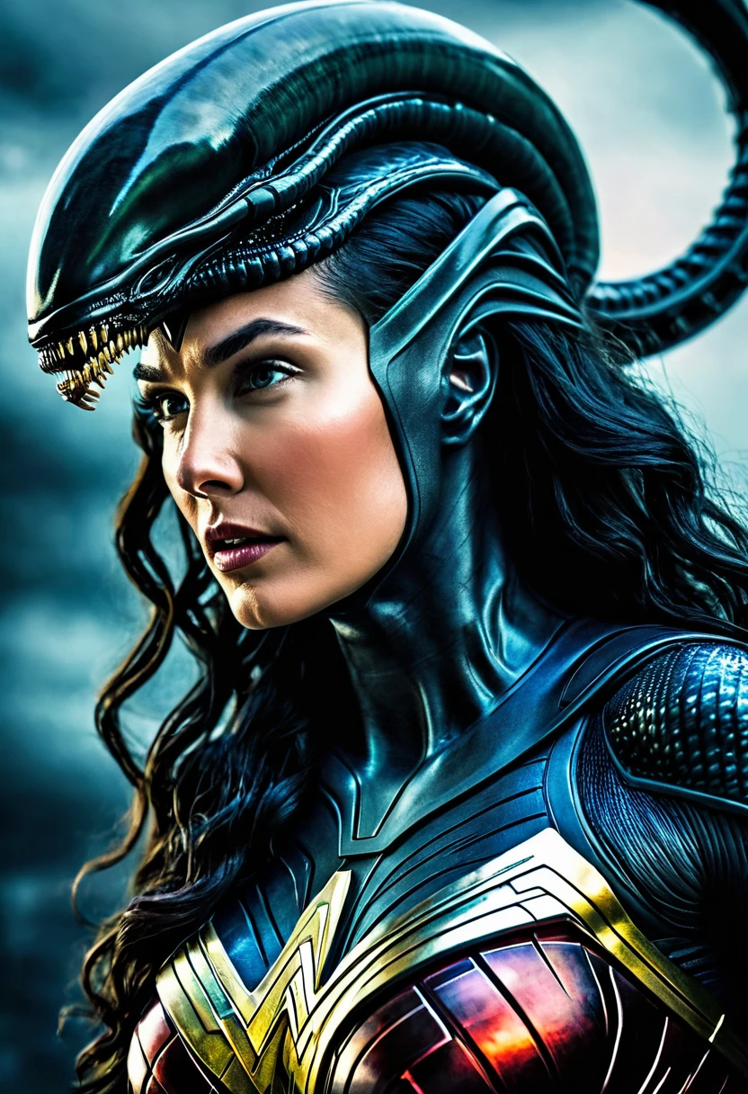 (((Very close up (((Xenomorfo Alien el octavo pasajero ///Traje Wonder Woman/// HD cinematic surreal image))),(((imagenes color Splash))),(((Xenomorfo Alien el octavo pasajero VS Wonder Woman)))