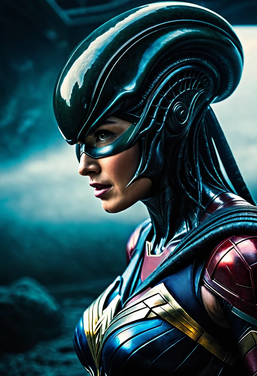 (((Very close up (((Xenomorfo Alien el octavo pasajero ///Traje Wonder Woman/// HD cinematic surreal image))),(((imagenes color Splash))),(((Xenomorfo Alien el octavo pasajero VS Wonder Woman)))