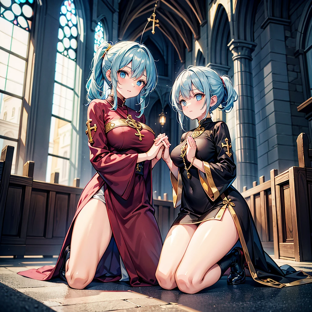 Anime Moe Art Style,Highest quality,High resolution,Anatomically correct,One Girl,Mid-teens,A girl with light blue hair in a ponytail,Super detailed,Fantasy World,Sister,Monastic Clothes,Big Breasts,Shiny skin,Beautiful Skin,A rich expression,church,Clasping hands,Kneeling and Praying,Eyes drawn in detail,Gold Rosary,8K