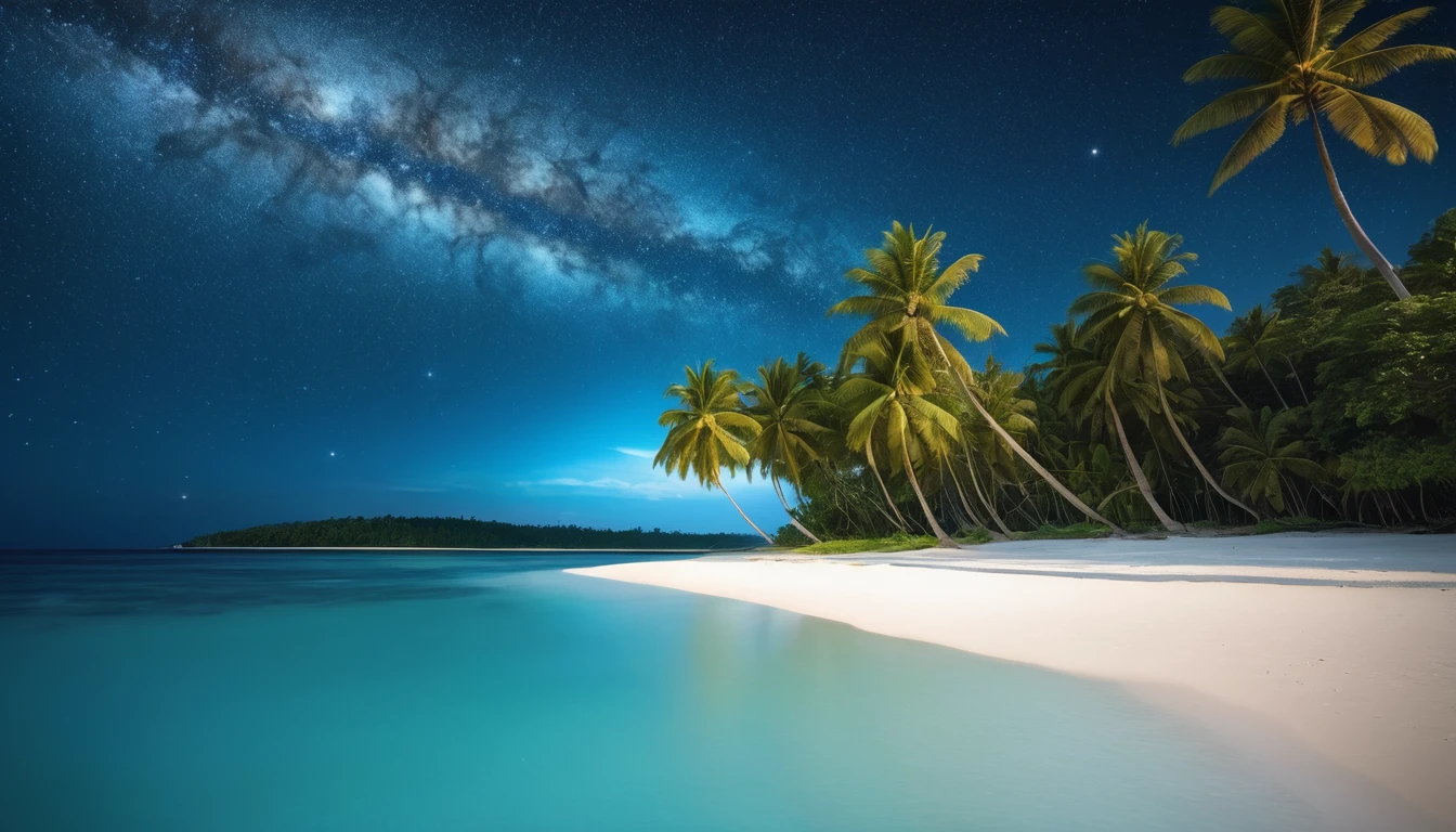 A beach with clear, bright blue water, soft white sand, beautiful coconut trees, and a clear night sky filled with stars. ultra clear, ultra natural, ultra hd.