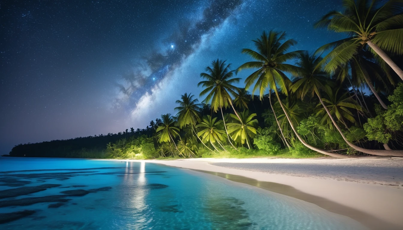 A beach with clear, bright blue water, soft white sand, beautiful coconut trees, and a clear night sky filled with stars. ultra clear, ultra natural, ultra hd.