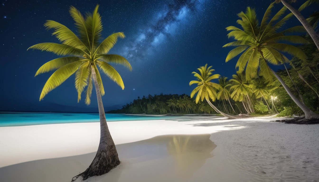 A beach with clear, bright blue water, soft white sand, beautiful coconut trees, and a clear night sky filled with stars. ultra clear, ultra natural, ultra hd.