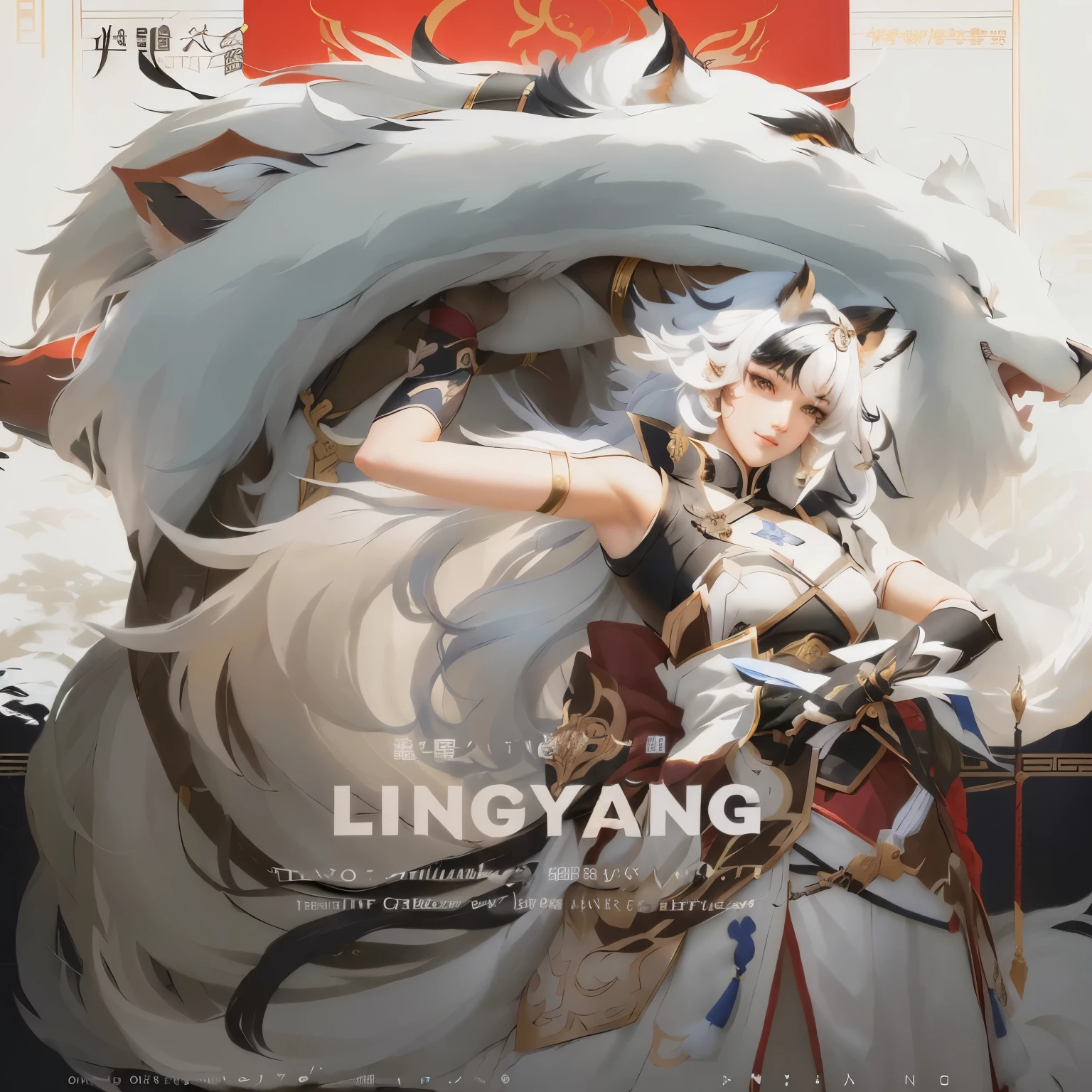 anime character with a sword and a big furry animal, liang xing, inspired by Lan Ying, loong, inspired by Li Fangying, inspired by Li Tang, keqing from genshin impact, yun ling, inspired by Lin Liang, by Li Fangying, zhongli from genshin impact, olchas logan cure liang xing, onmyoji, gentle smile; remove all text