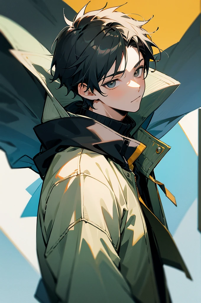 1boy,outdoors,summer, a man with a jacket on and a jacket on and a jacket on his shoulder and a jacket on his shoulder and a jacket on his shoulder, (a manga drawing:0.283)(male_focus:0.970),(1boy:0.958), (solo:0.883), (black_eyes:0.847), (short_hair:0.762), (jacket:0.705), (face:0.692), (plant:0.656)
