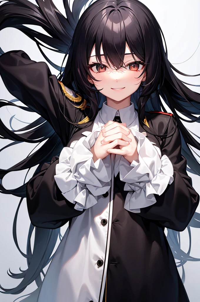 beautiful anime girl, black hair, wearing uniform,white background,covered his eyes with his hands and smiled.