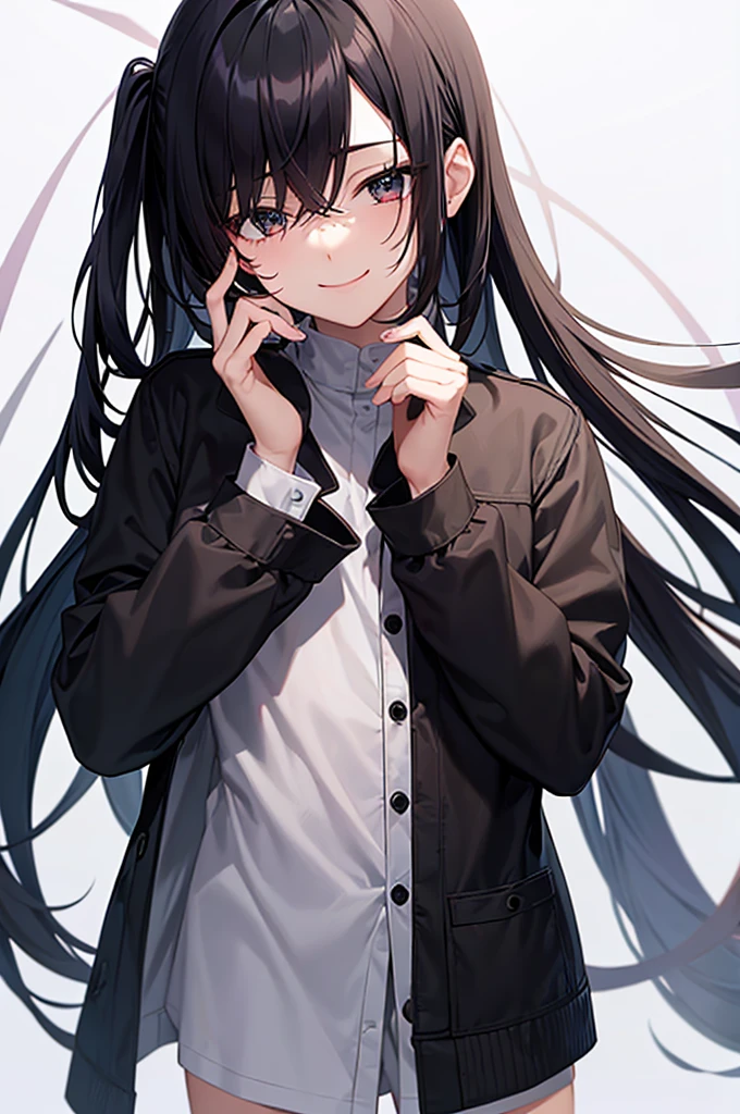 beautiful anime girl, black hair, wearing uniform,white background,covered his eyes with his hands and smiled.