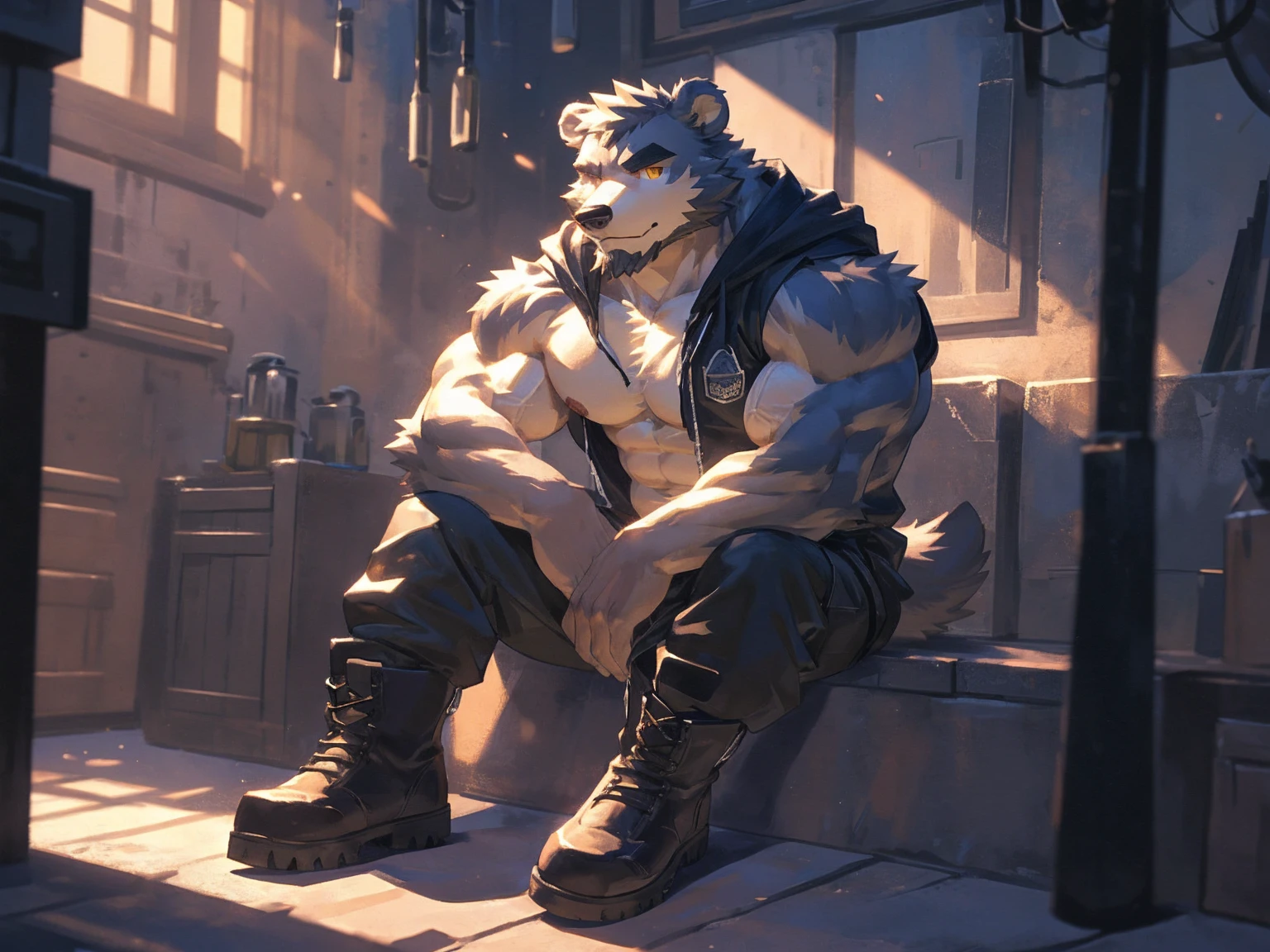 (masterpiece:1.2), best quality,pixiv,official art,perfect anatomy, (Ray tracing, light),solo, (1_male:1.3) , (muscle), (gray fur:1.4), (muscle bear), (beard:1.2), (gleaming golden eyes), Thick black eyebrows, open hoodie, (naked inside:1.2), cargo pants, (boots:1.2), portrait, sitting alone