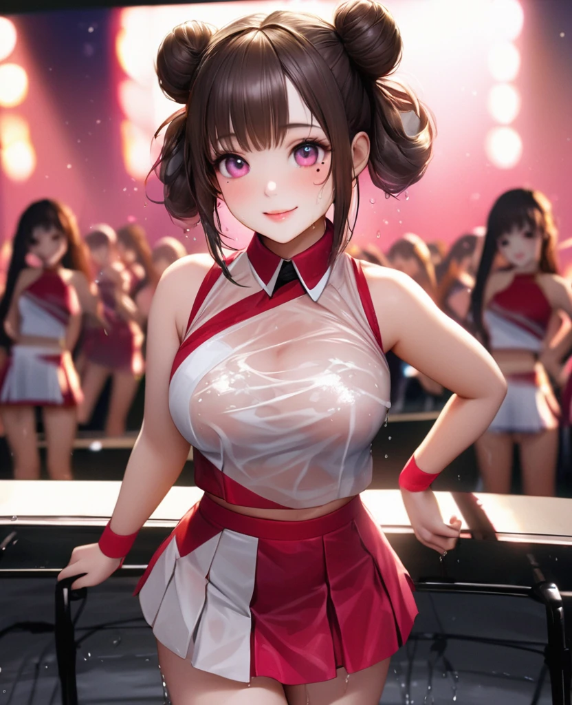 One Girl、Looking at the audience、lovely,
Beautiful pink eyes、Two brown double hair buns , Mole under the eye、Plump and glossy lips、Heart-shaped choca、Dance team uniforms, mini skirt、Her name is May,smile、ー、。.。.。.。.。.。.。.。.。.。.。.。.。.。.。.。.。.。.3D、Realistic、
Dance team uniforms was soaked in the heavy rain, and her chest was wet and transparent.Heavy rain at outdoor concert, Drape clothes、gem、The decoration has been removed、Floral、Lace trim,On a glittering stage、
masterpiece、highest quality、8k、Detailed skin texture、Detailed cloth texture、Beautifully detailed face、Intricate details、Very detailed、
超A high resolution、8k Ultra HD、Film Grain、Best Shadow、delicate、Gazing at the audience、front